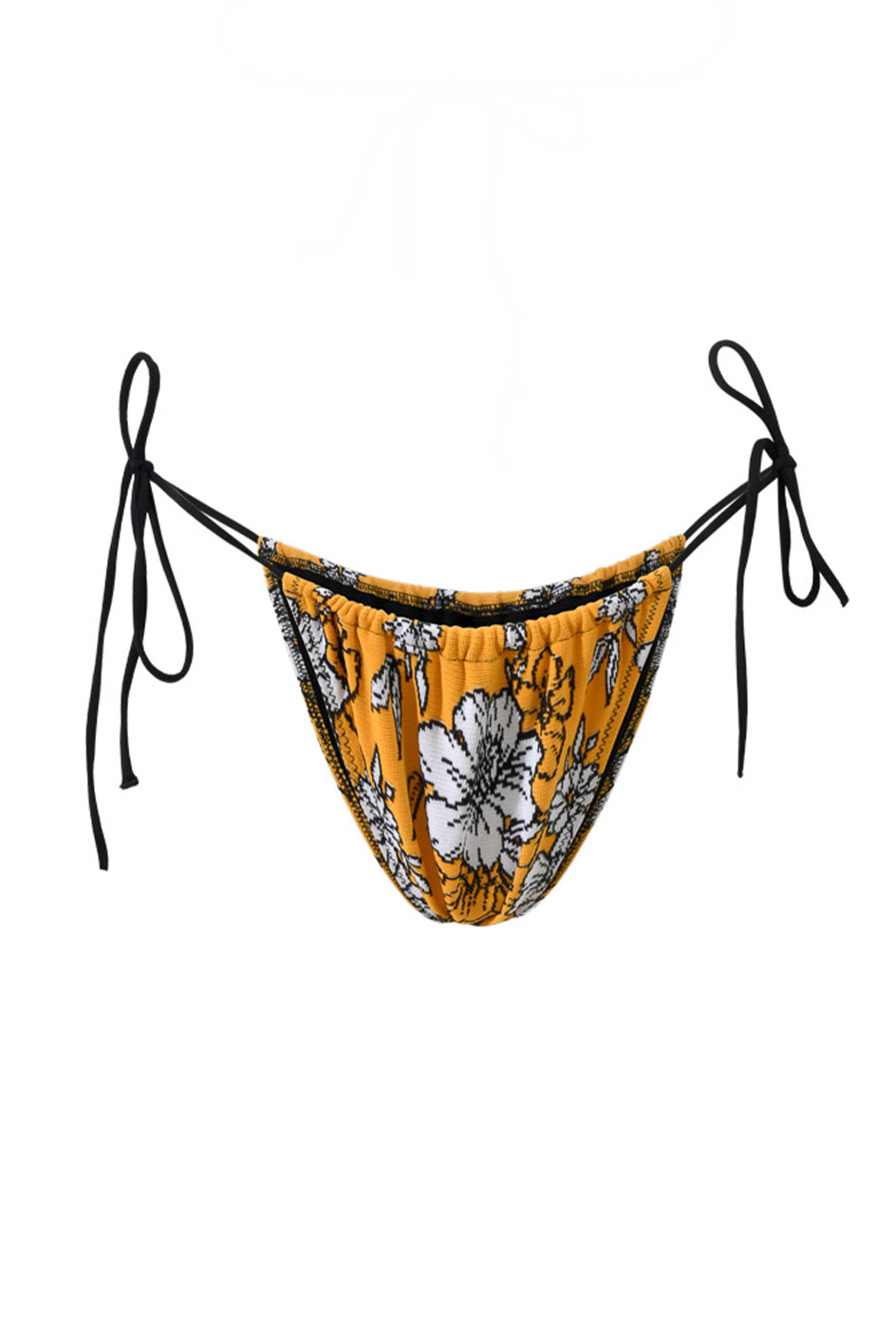Photo détourée sur fond blanc du bas de maillot Alaior, imprimé de fleurs blanches sur fond jaune, avec les ficelles noires.