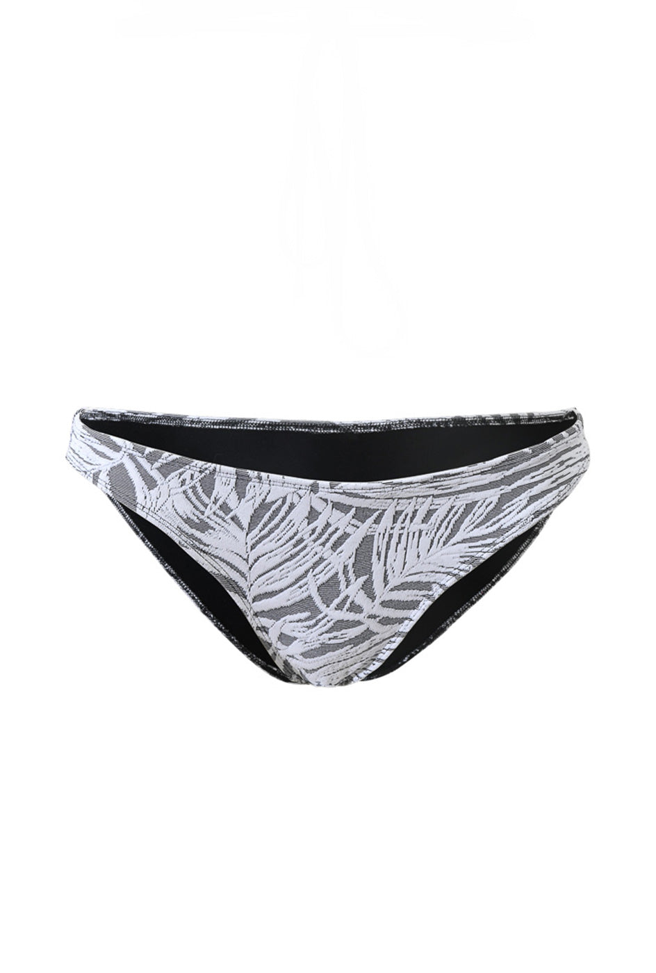 Photo détourée sur fond blanc du bas de maillot Andréas à motifs végétaux blancs sur fond gris. L'intérieur du bas est noir.