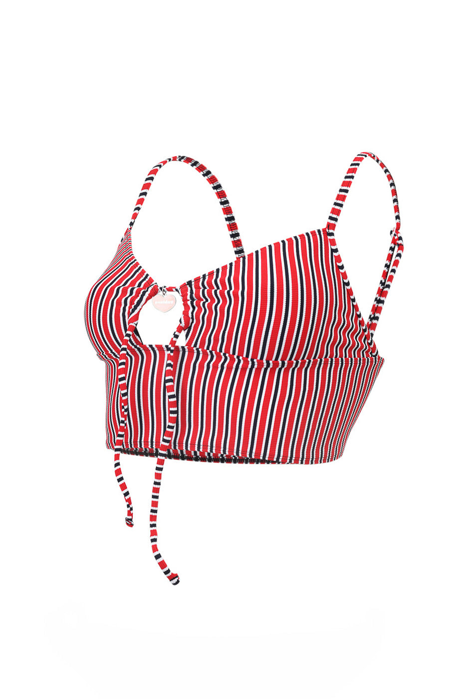 Photo détourée sur fond blanc du haut du maillot de bain Baci à rayures rouges et noires