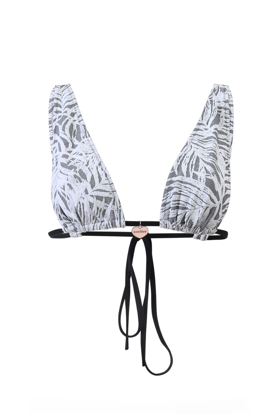 Photo détourée sur fond blanc du haut de maillot de bain Bianca à motifs végétaux, en matière jacquard et avec une ficelle noire
