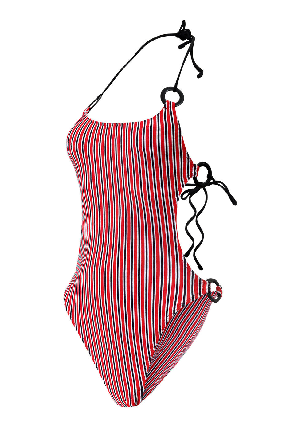 Photo détourée sur fond blanc du maillot de bain une pièce Donatella rouge rayé, de face