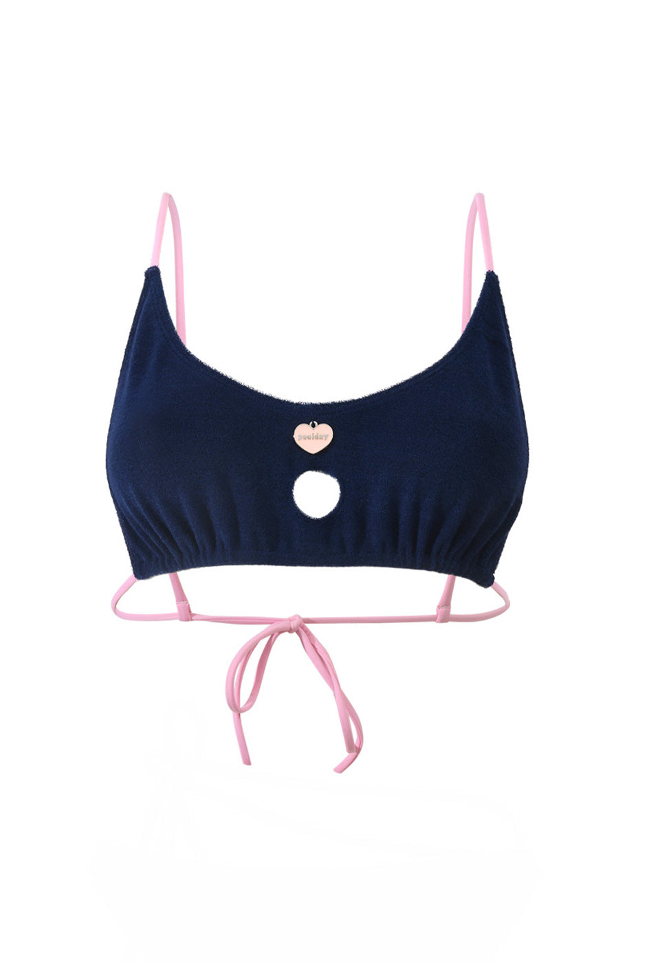 Photo détourée sur fond blanc du haut de maillot de bain Lucia bleu marine et aux bretelles rose blush, en matière éponge