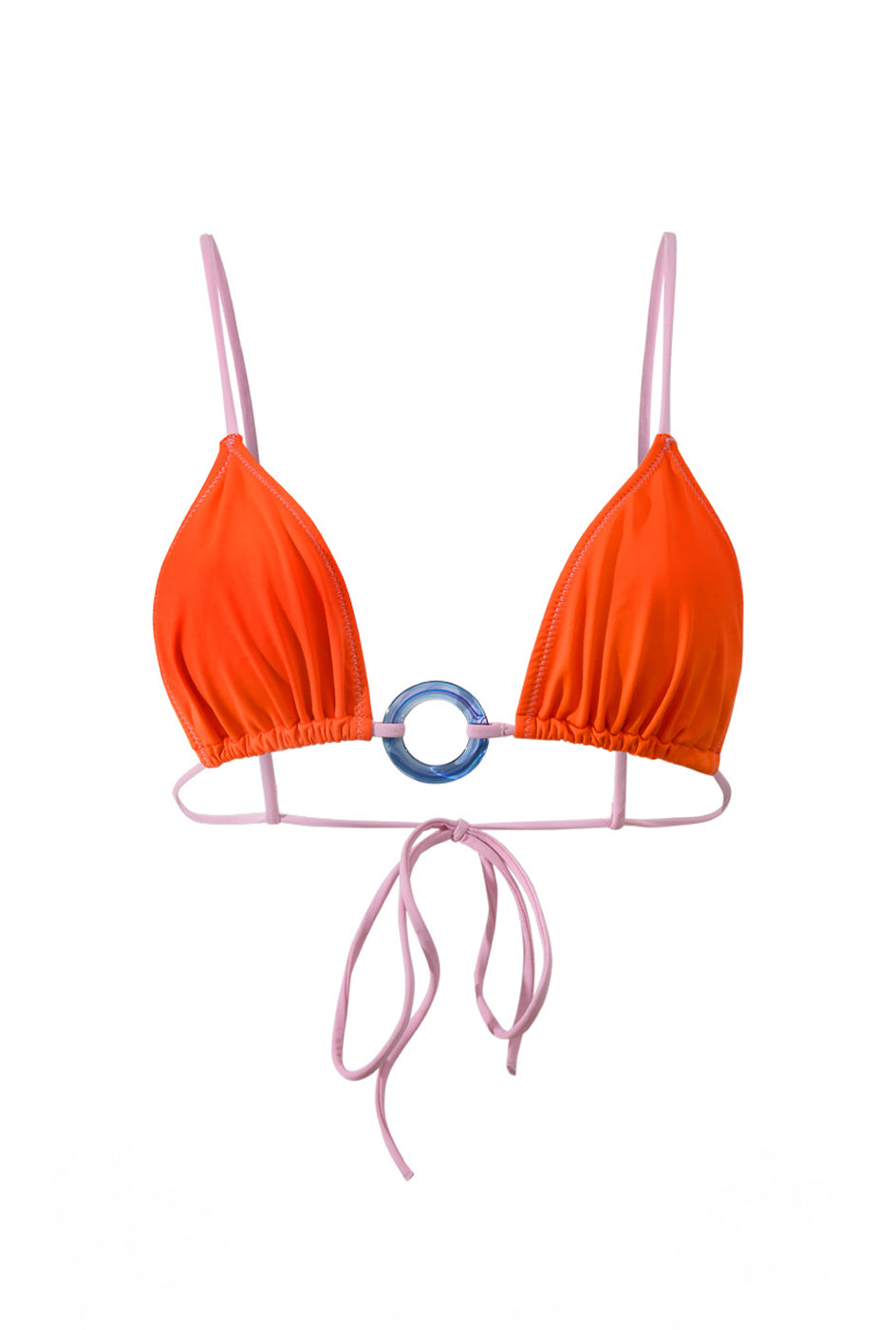 Photo détourée sur fond blanc du haut de maillot de bain Olbia orange à bretelles rose et avec un anneau bleu au centre