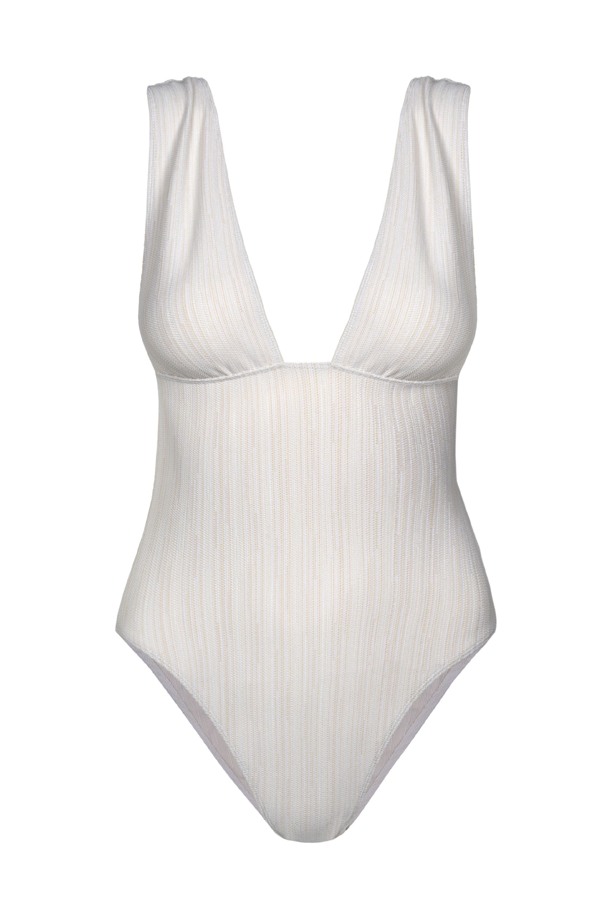 Photo détourée sur fond blanc du maillot de bain une pièce Saltwhistle blanc jacquard
