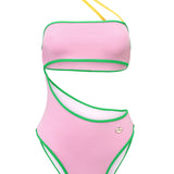 Photo détourée sur fond blanc du maillot de bain une pièce Capri de couleur rose blush avec les bords verts et une ficelle jaune