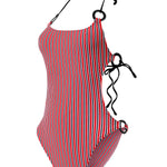 Photo détourée sur fond blanc du maillot de bain une pièce Donatella rouge rayé, de face