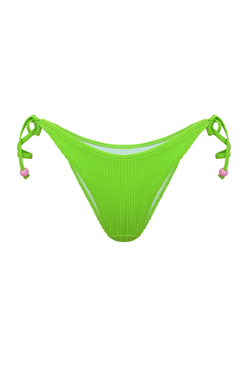 Photo détourée sur fond blanc du bas de maillot de bain Monterosso vert rayé, à ficelles sur les côtés