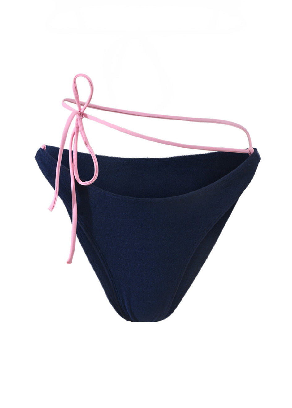 Photo détourée sur fond blanc du bas de maillot de bain Tiana en matière éponge bleu marine à bretelles rose claire